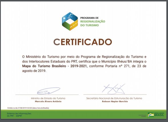 Certificado de turismo Ilhéus